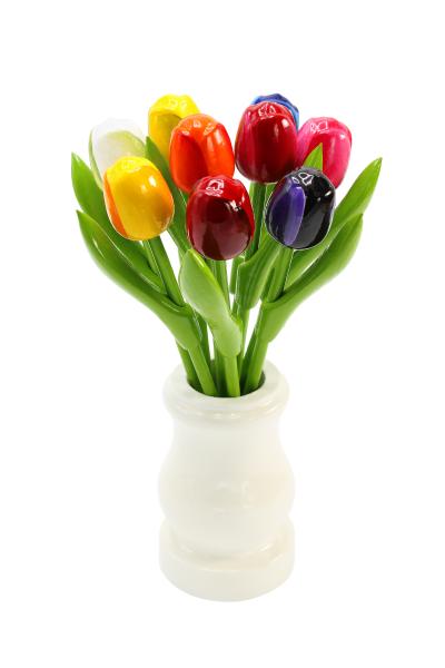 Tulpenstrauß aus Holz in einer weißen Retro Holz-Vase 9 Holztulpen, 20 cm hoch, handbemalt, Blumenstrauß, Dekoration, Made in Holland